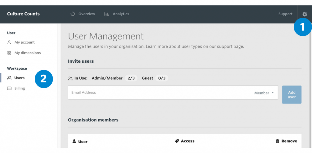 A screenshot showing how to access the User Management Workspace in the Culture Counts Evaluation Platform